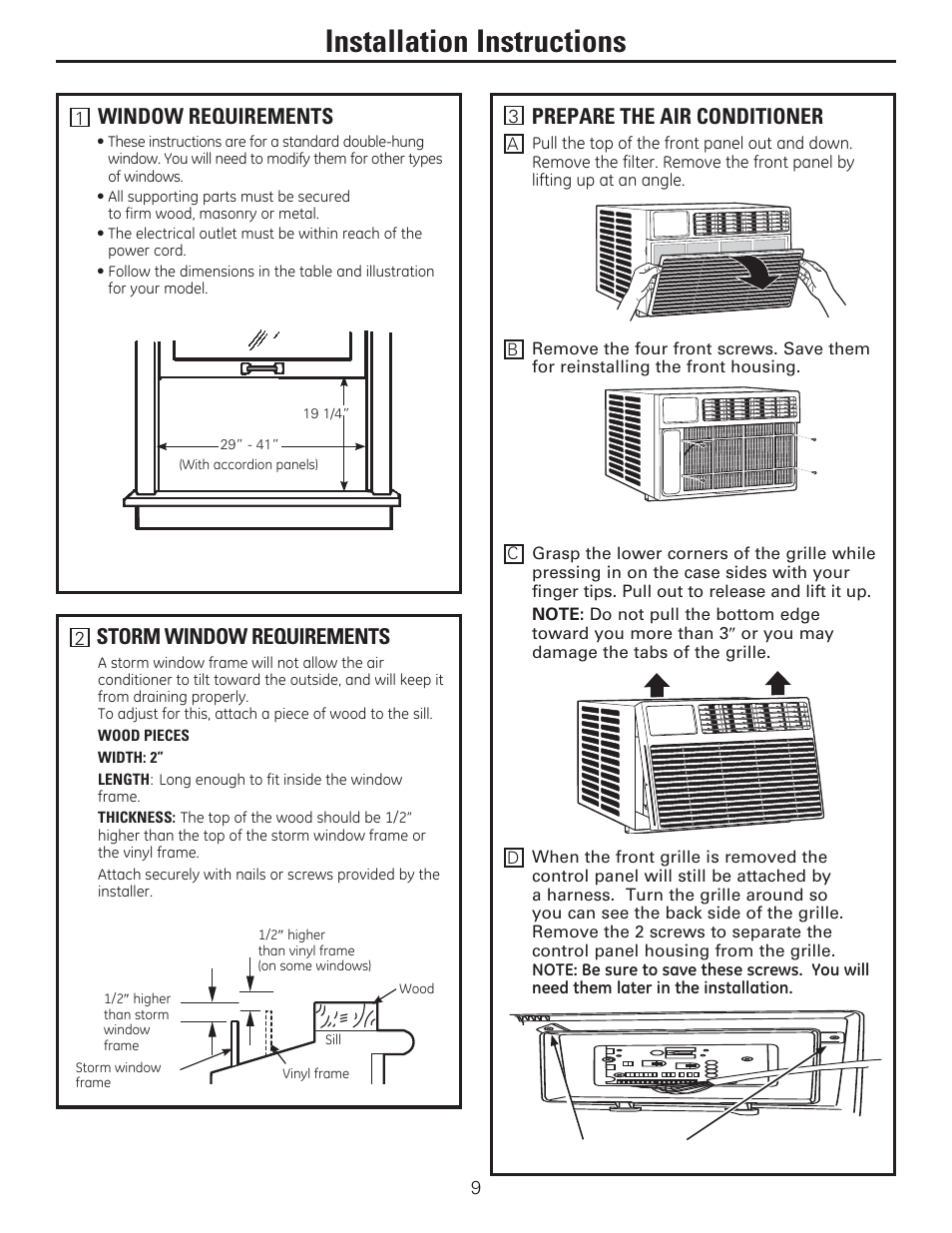 Installation instructions, Storm window requirements, Window requirements | Prepare the air conditioner | GE AEE24DS User Manual | Page 9 / 56
