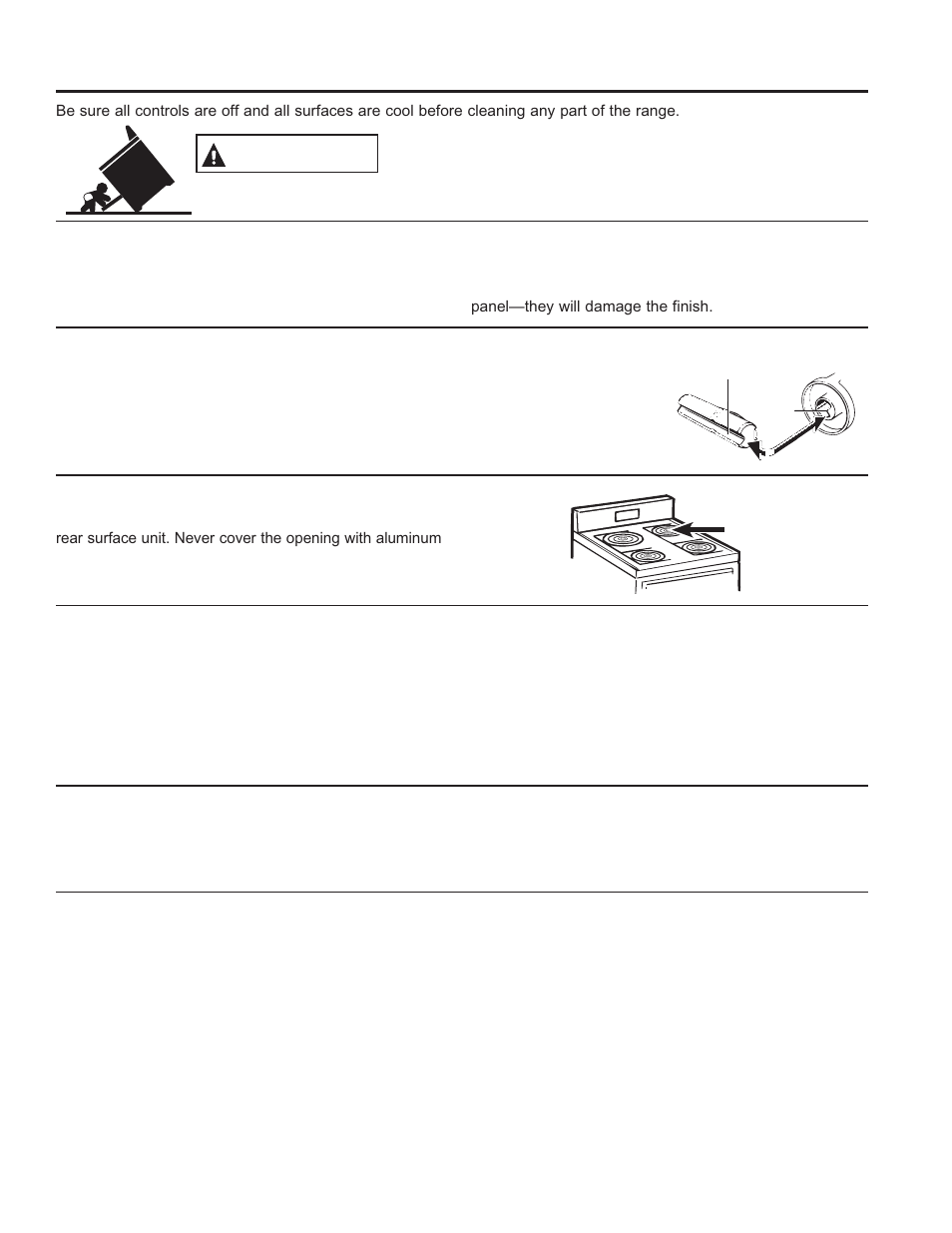 Care and cle aning: cleaning the range – exterior, Cleaning the range – exterior, Warning | GE JM250DFBB User Manual | Page 15 / 40