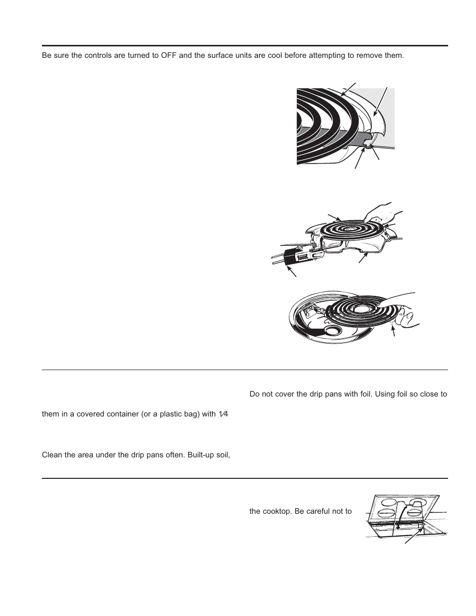 Care and cle aning: cleaning the range – exterior, Cleaning the range – exterior (cont.), Surface units | Drip pans, Lift-up cooktop | GE JM250DFBB User Manual | Page 16 / 40