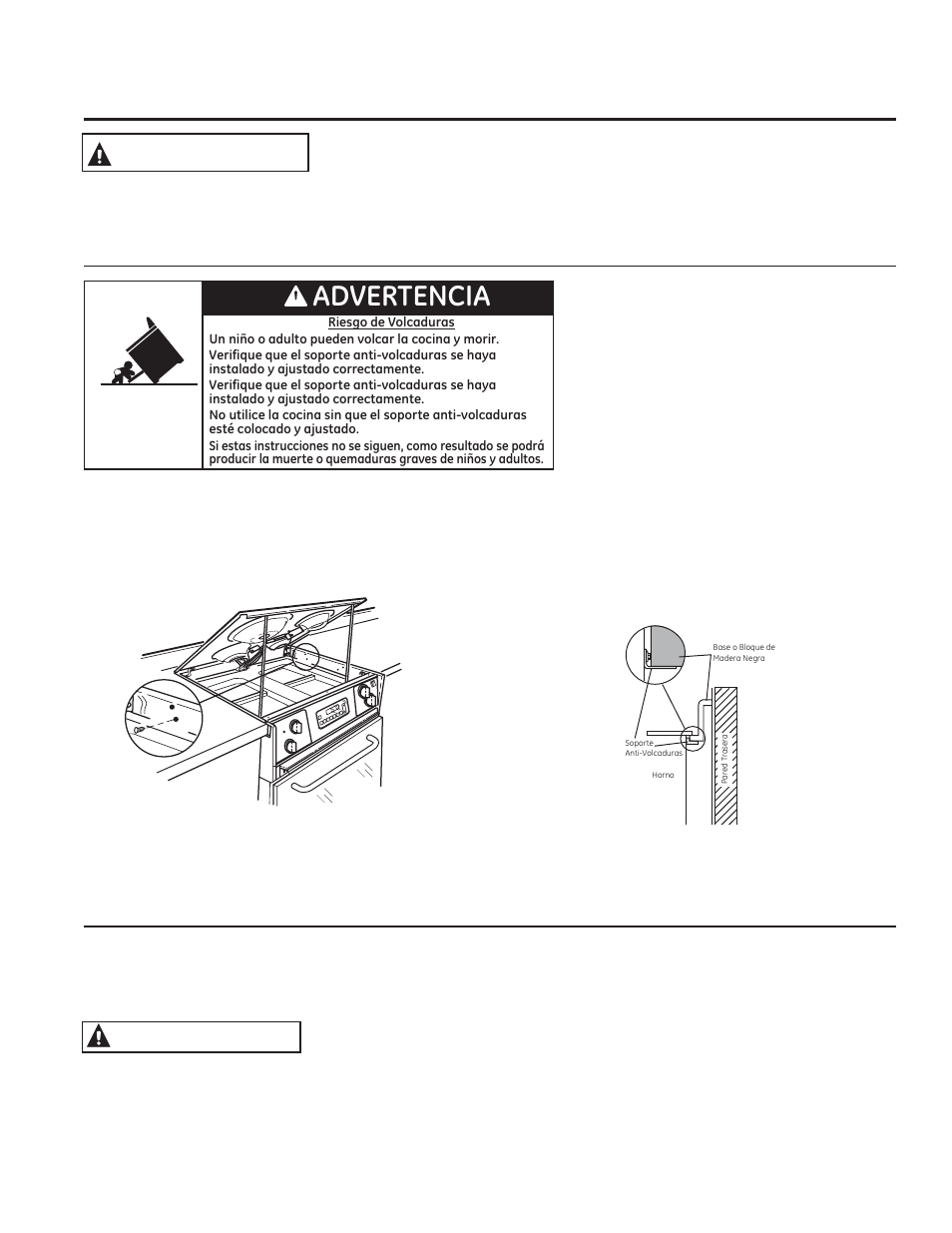 Informa ción de segurid ad, Dispositivo anti-volcaduras advertencia, Advertencia | GE JM250DFBB User Manual | Page 22 / 40