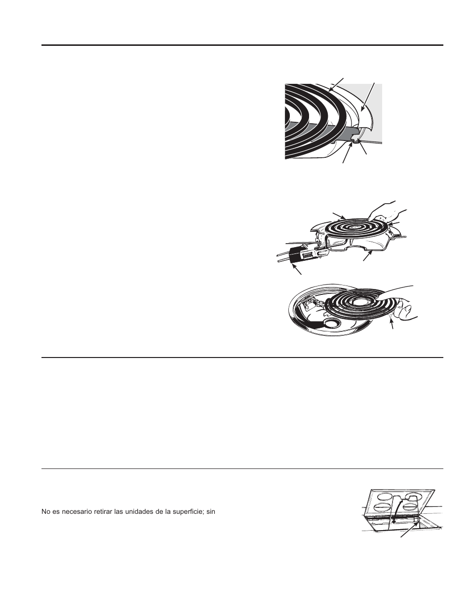 Limpieza de la cocina - exterior (continúa), Unidad de la superficie, Cubetas de goteo | Estufa elevable | GE JM250DFBB User Manual | Page 36 / 40