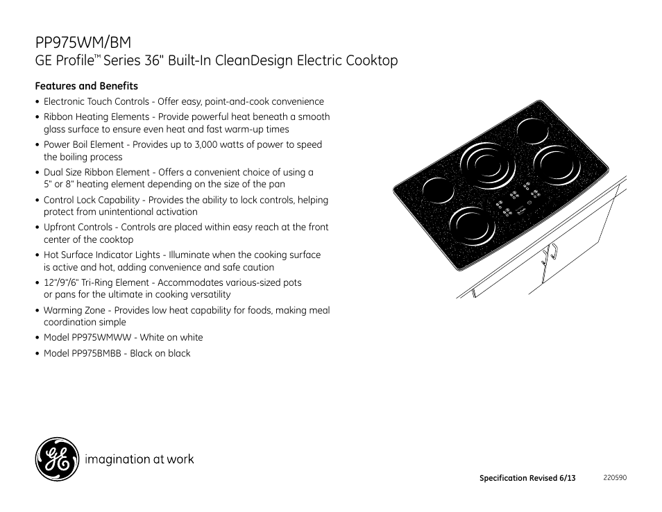 Pp975wm/bm, Ge profile, Series 36" built-in cleandesign electric cooktop | GE PP975BMBB User Manual | Page 2 / 2