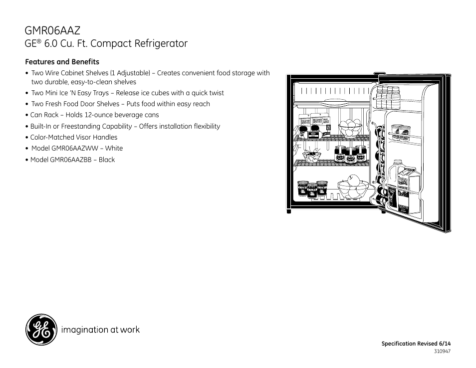 Gmr06aaz, 0 cu. ft. compact refrigerator | GE GMR06AAZBB User Manual | Page 2 / 2