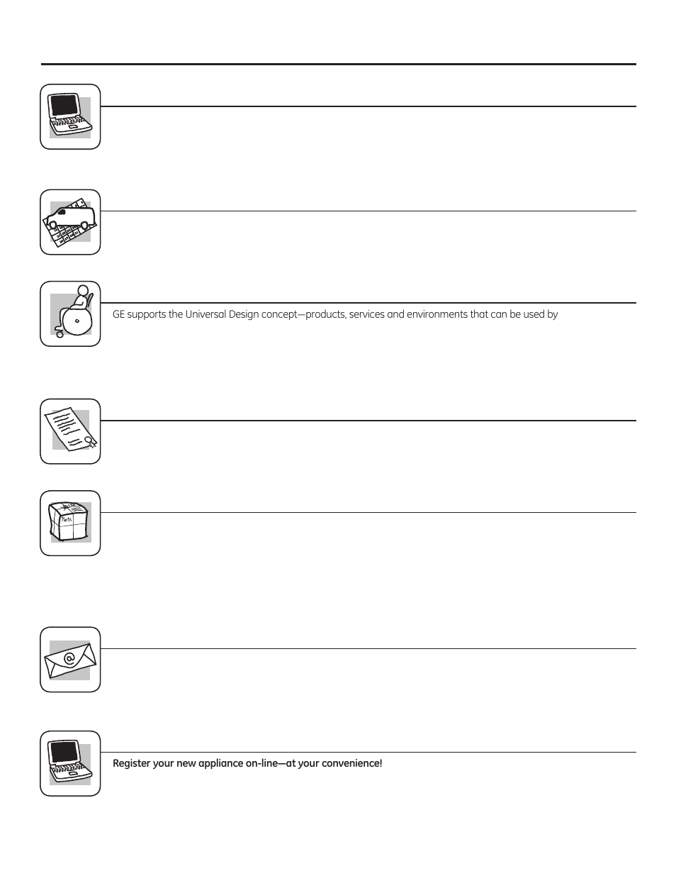 Consumer support. ge appliances website, Schedule service, Real life design studio | Extended warranties, Parts and accessories, Contact us, Register your appliance | GE PVM9179DFBB User Manual | Page 36 / 76
