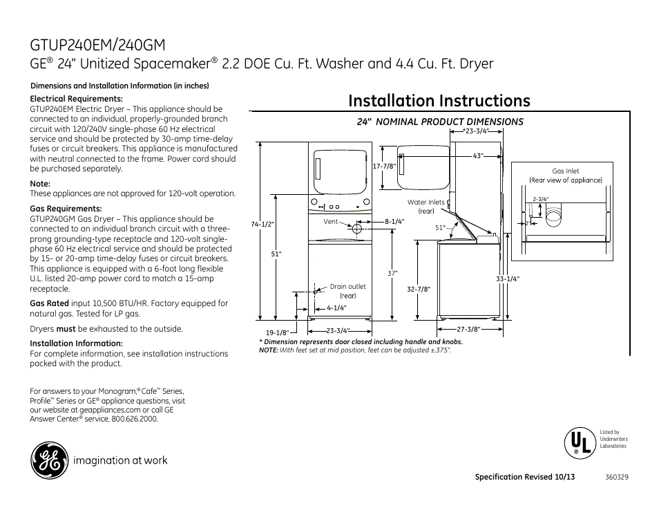 GE GTUP240GMWW User Manual | 3 pages