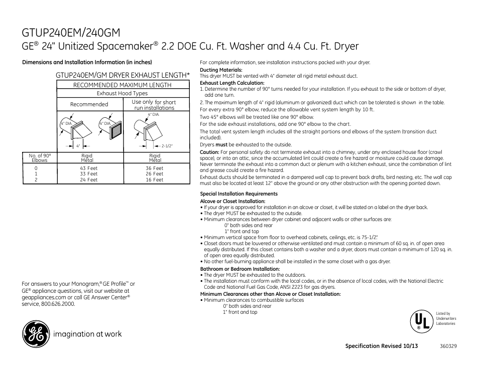 24" unitized spacemaker, 2 doe cu. ft. washer and 4.4 cu. ft. dryer, Gtup240em/gm dryer exhaust length | GE GTUP240GMWW User Manual | Page 2 / 3