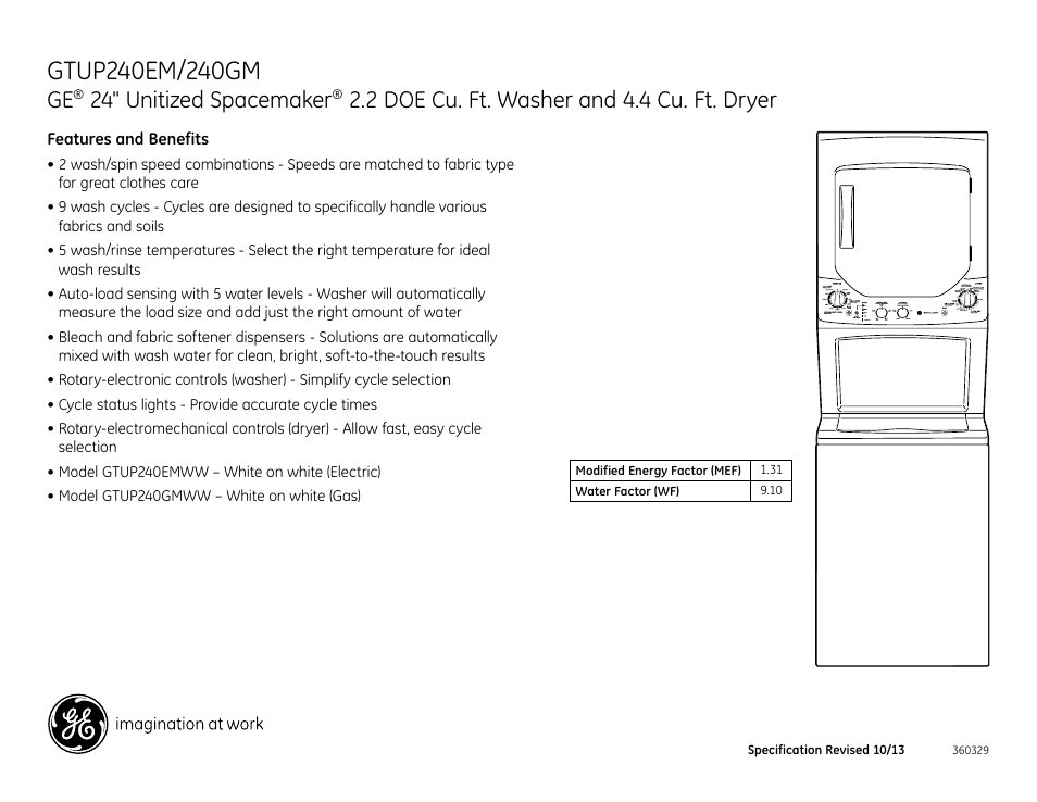 24" unitized spacemaker, 2 doe cu. ft. washer and 4.4 cu. ft. dryer | GE GTUP240GMWW User Manual | Page 3 / 3