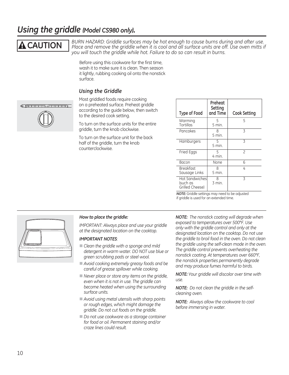 Using the griddle (model cssso oniyi, Using the griddle, A caution | GE CS975SDSS User Manual | Page 10 / 112