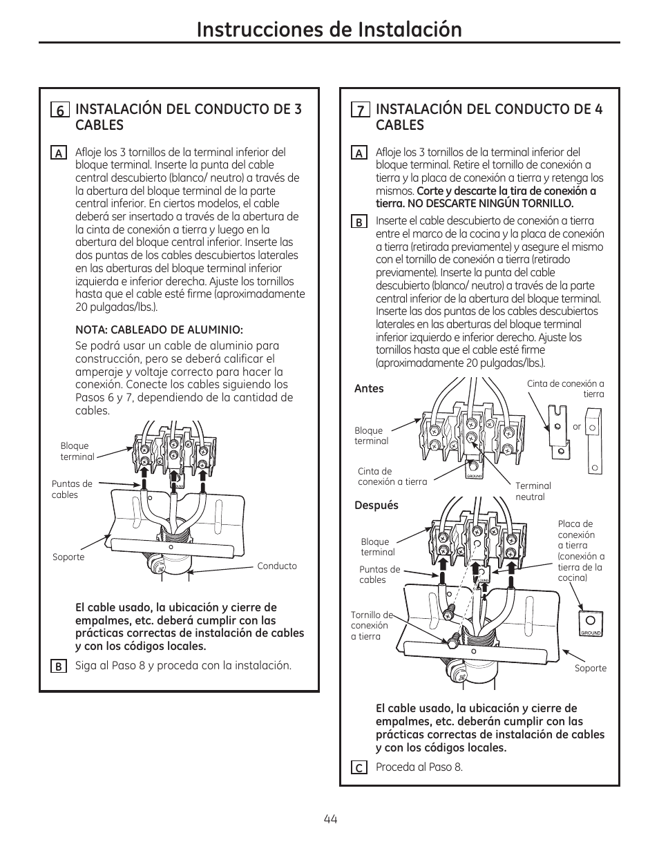 H instalación del conducto de 3 cables, H instalación del conducto de 4 cables, Instrucciones de instalación | GE CS975SDSS User Manual | Page 100 / 112