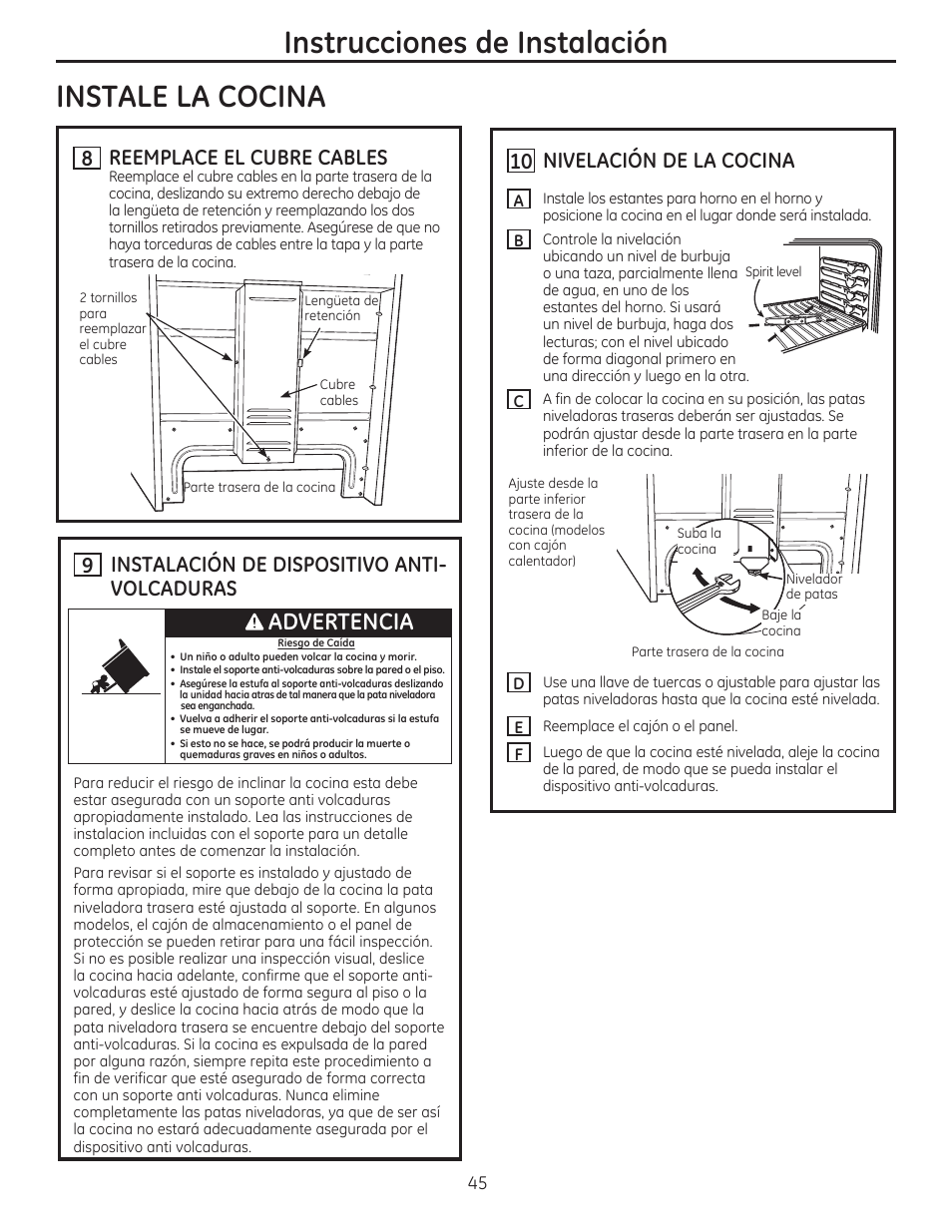Reemplace el cubre cables, Instalacion de dispositivo antivolcaduras, 10 nivelacion de la cocina | Nivelación de la cocina, Instrucciones de instalación, Instale la cocina, Instalacion de dispositivo anti­ volcaduras, A advertencia | GE CS975SDSS User Manual | Page 101 / 112