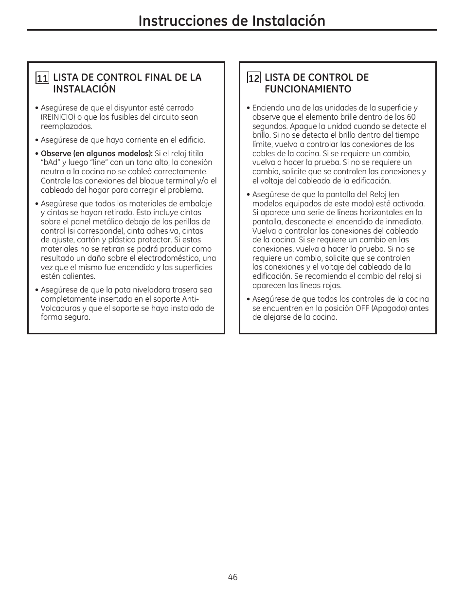 1^ lista de control final de la instalación, Lista de control de funcionamiento, Instrucciones de instalación | GE CS975SDSS User Manual | Page 102 / 112