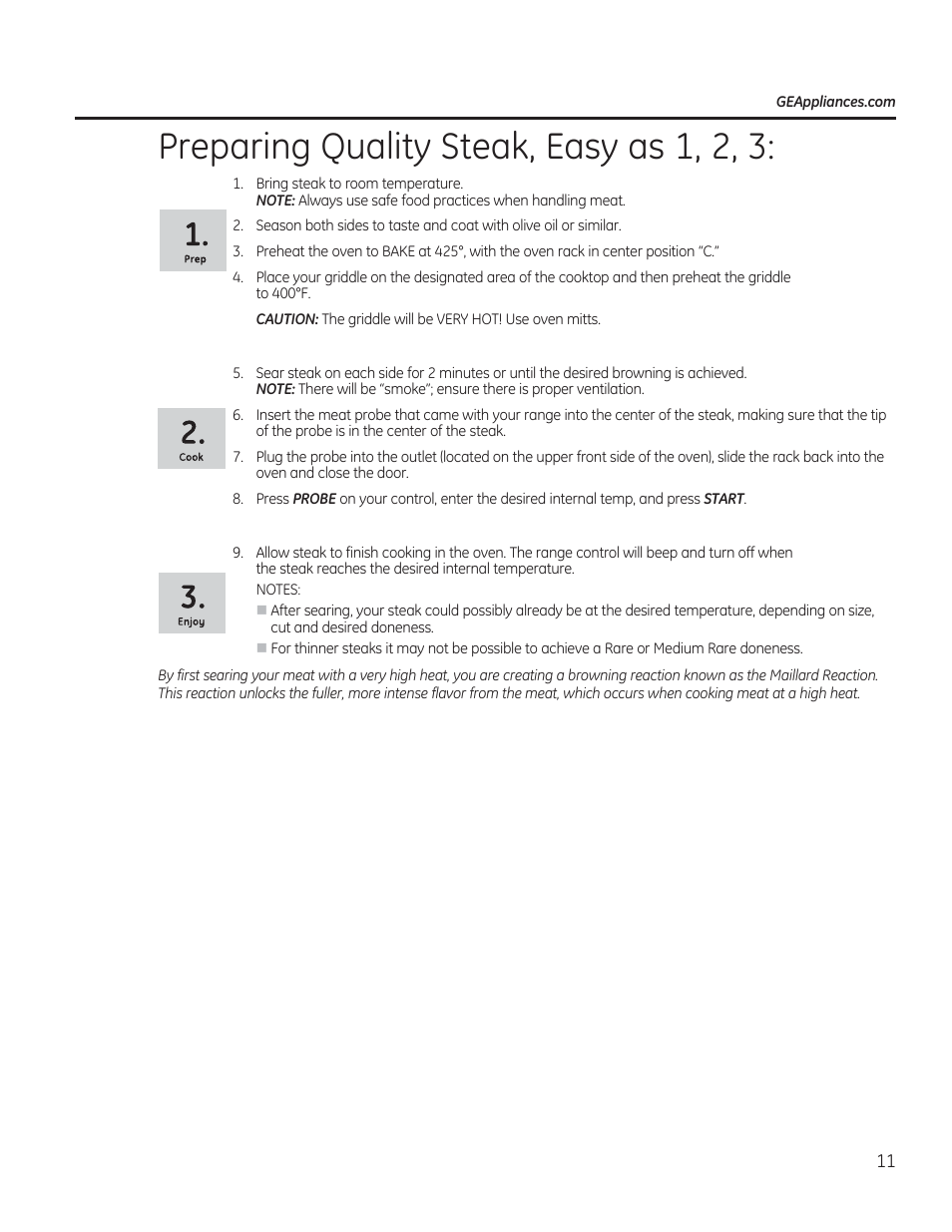 Preparing quality steak, easy as 1, 2, 3 | GE CS975SDSS User Manual | Page 11 / 112