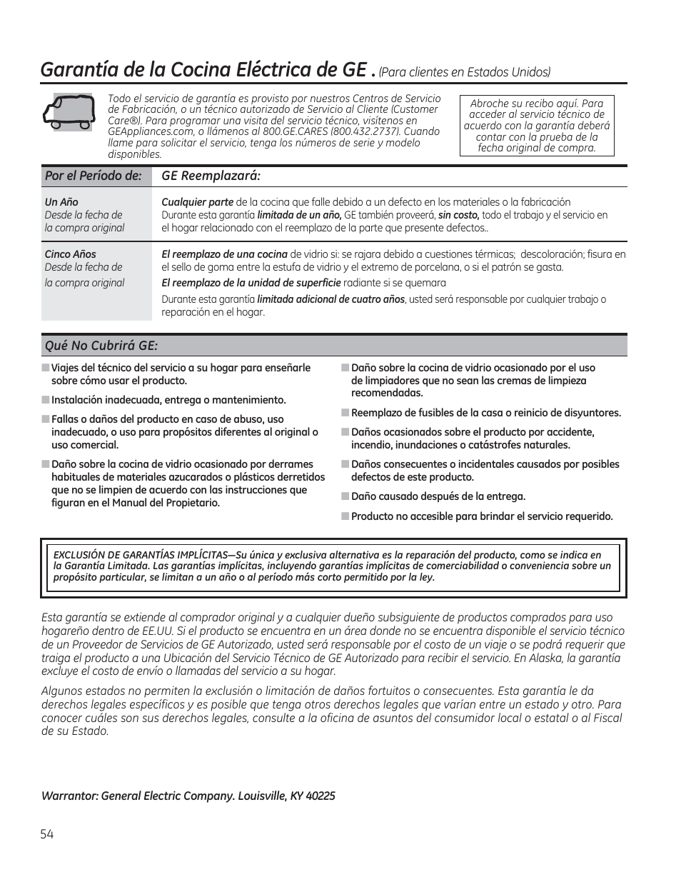 Qué no cubrirá ge, Garantía de ¡a cocina eléctrica de ge | GE CS975SDSS User Manual | Page 110 / 112