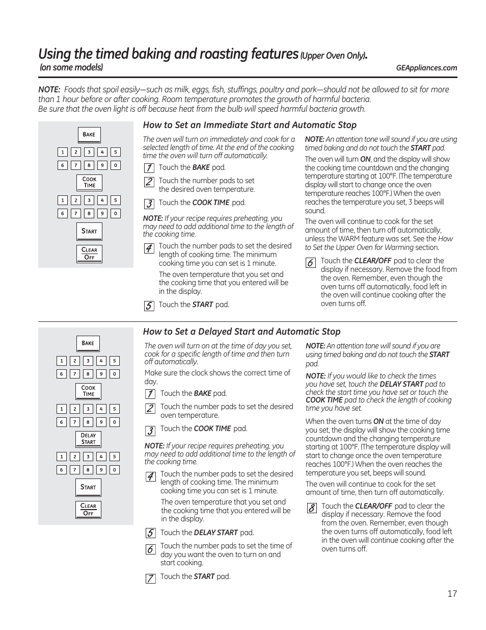 On some models), How to set an immediate start and automatic stop, How to set a delayed start and automatic stop | Using the timed baking and roasting features | GE CS975SDSS User Manual | Page 17 / 112