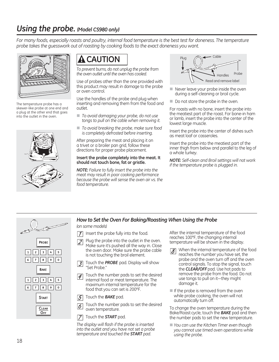Using the probe. (model cs9s0 only), A caution, Using the probe | GE CS975SDSS User Manual | Page 18 / 112