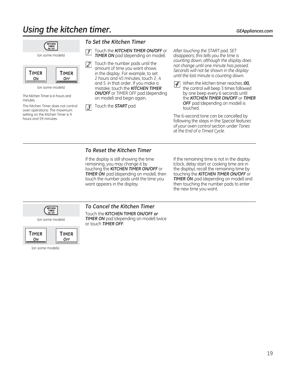 To set the kitchen timer, To reset the kitchen timer, To cancel the kitchen timer | Using the kitchen timer, Timer | GE CS975SDSS User Manual | Page 19 / 112