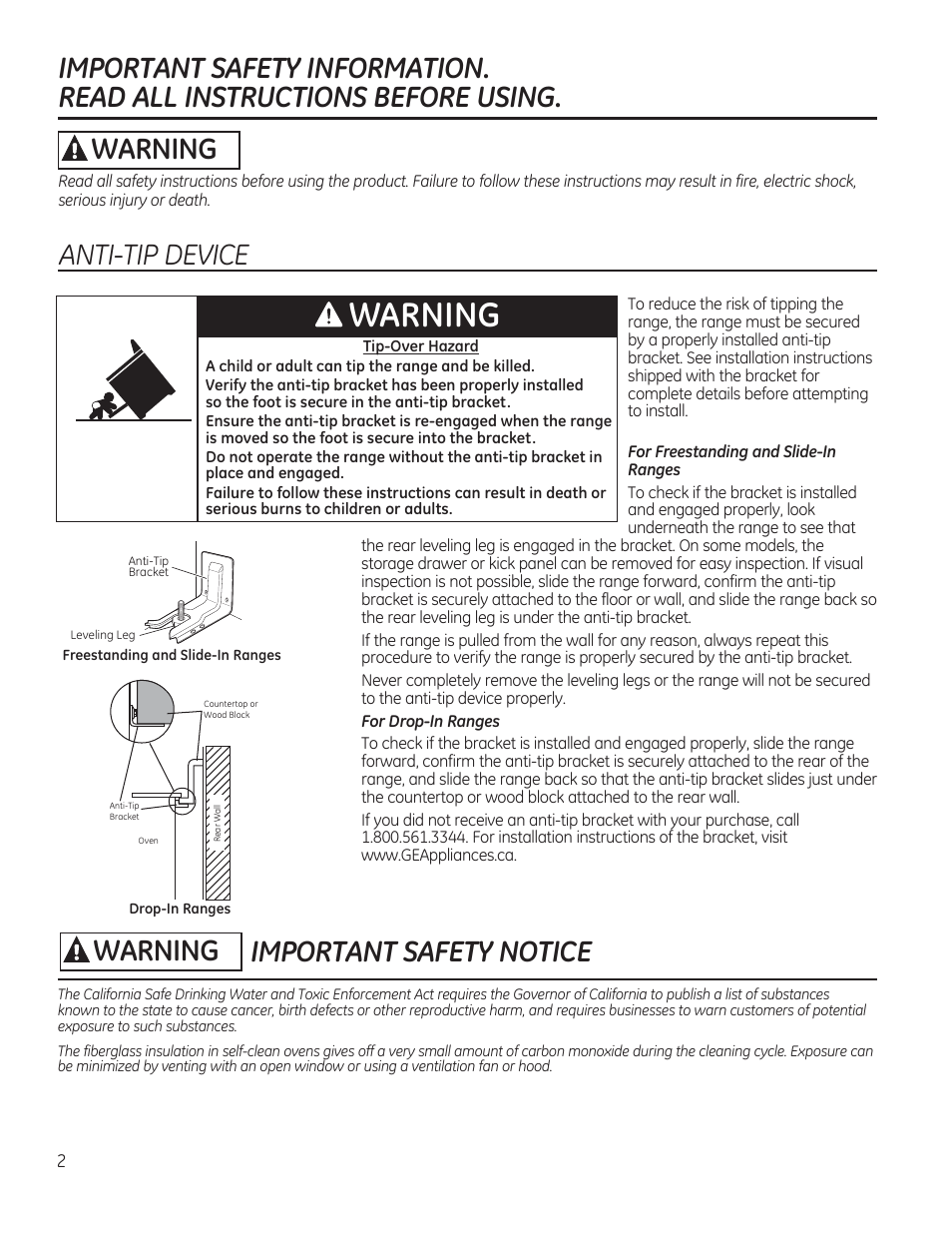 Important safety information, Read all instructions before using, A warning | Anti-tip device, A warning important safety notice, Important safety notice | GE CS975SDSS User Manual | Page 2 / 112