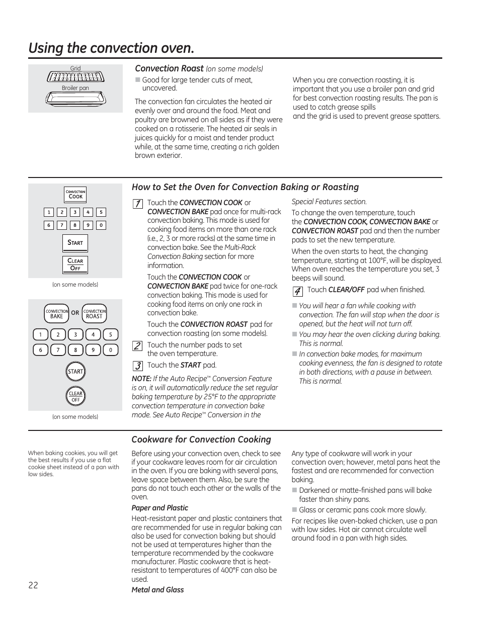 Using the convection oven, Qqqelo, Qqqqq | Cookware for convection cooking | GE CS975SDSS User Manual | Page 22 / 112