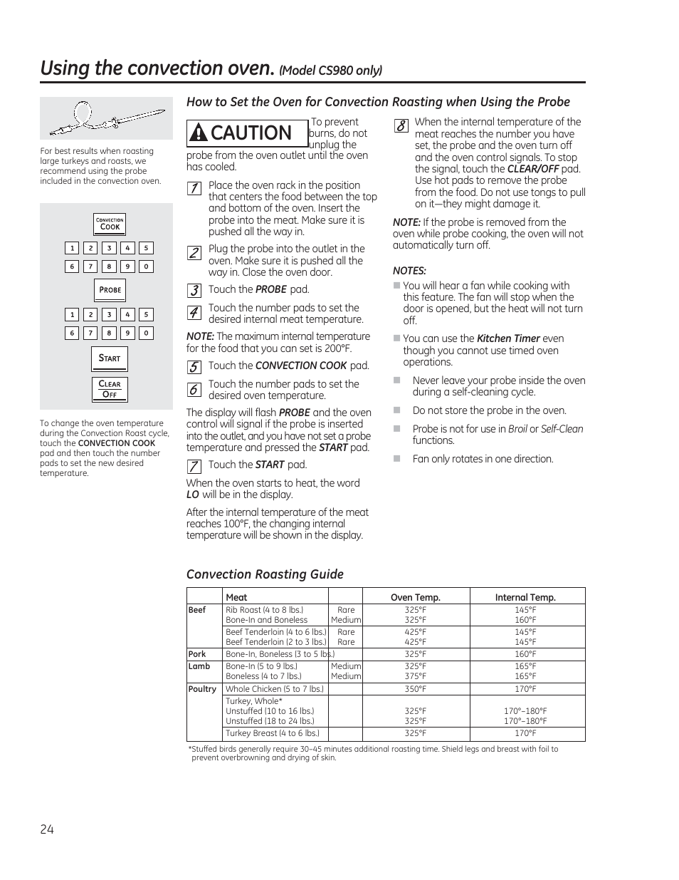 Using the convection oven. (model cs98o only), A caution, Convection roasting guide | Using the convection oven. (model cs 98 o only) | GE CS975SDSS User Manual | Page 24 / 112