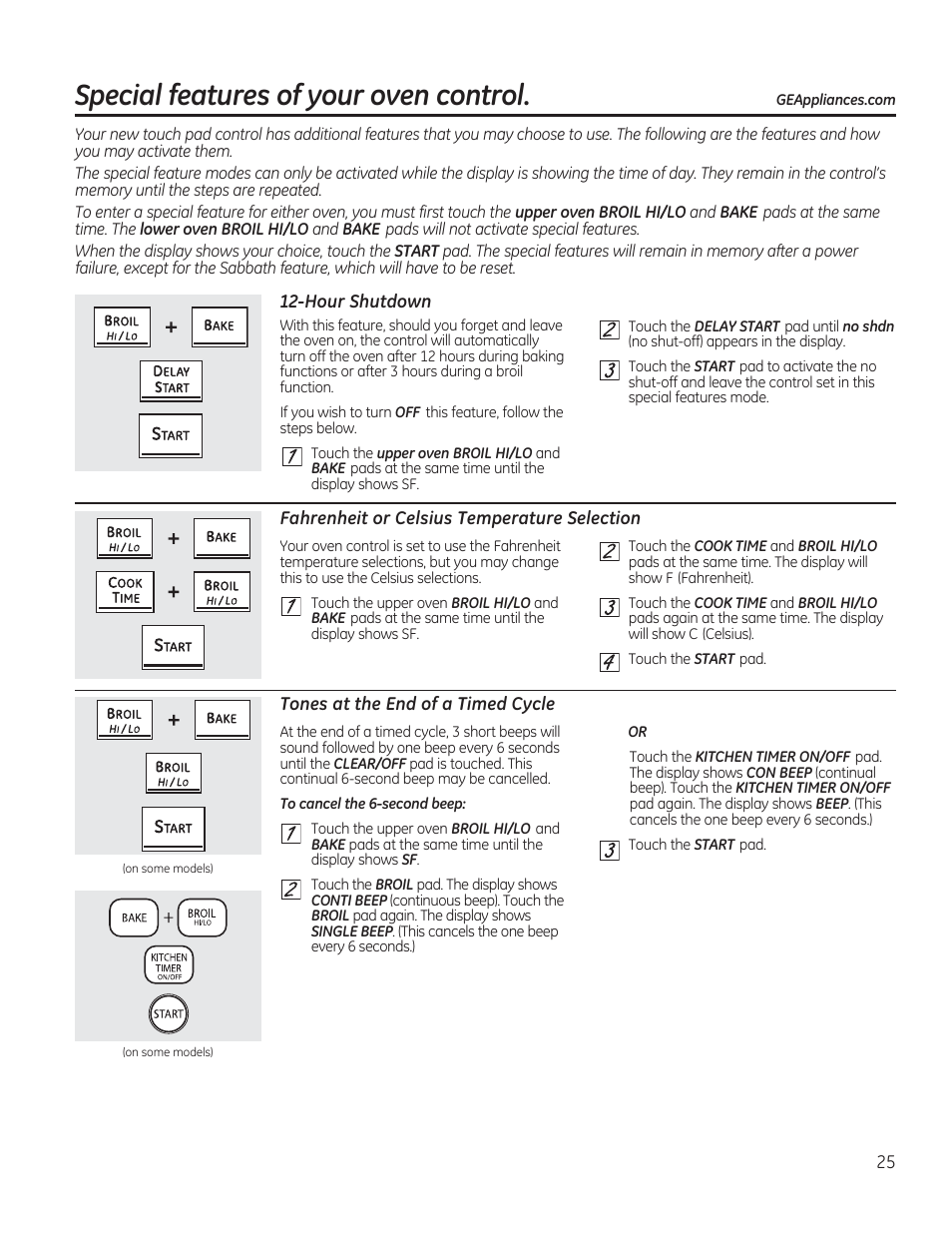 Special features of your oven control, Hour shutdown, Fahrenheit or celsius temperature selection | Tones at the end of a timed cycle | GE CS975SDSS User Manual | Page 25 / 112