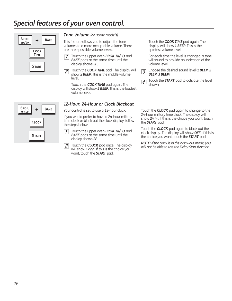 Special features of your oven control, Hour, 24-hour or clock blackout | GE CS975SDSS User Manual | Page 26 / 112