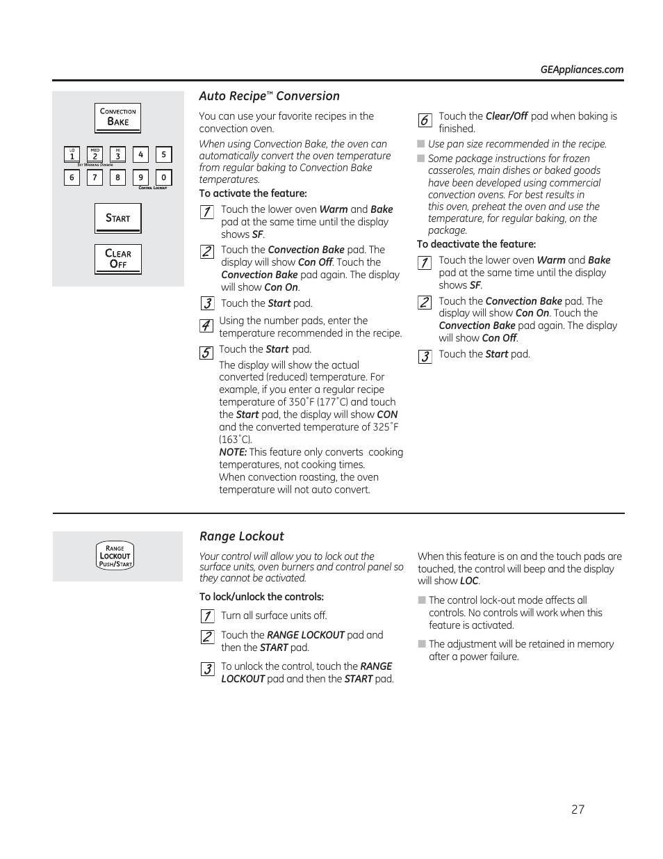 Auto recipe'^ conversion, Range lockout, 0 h h 0 | GE CS975SDSS User Manual | Page 27 / 112