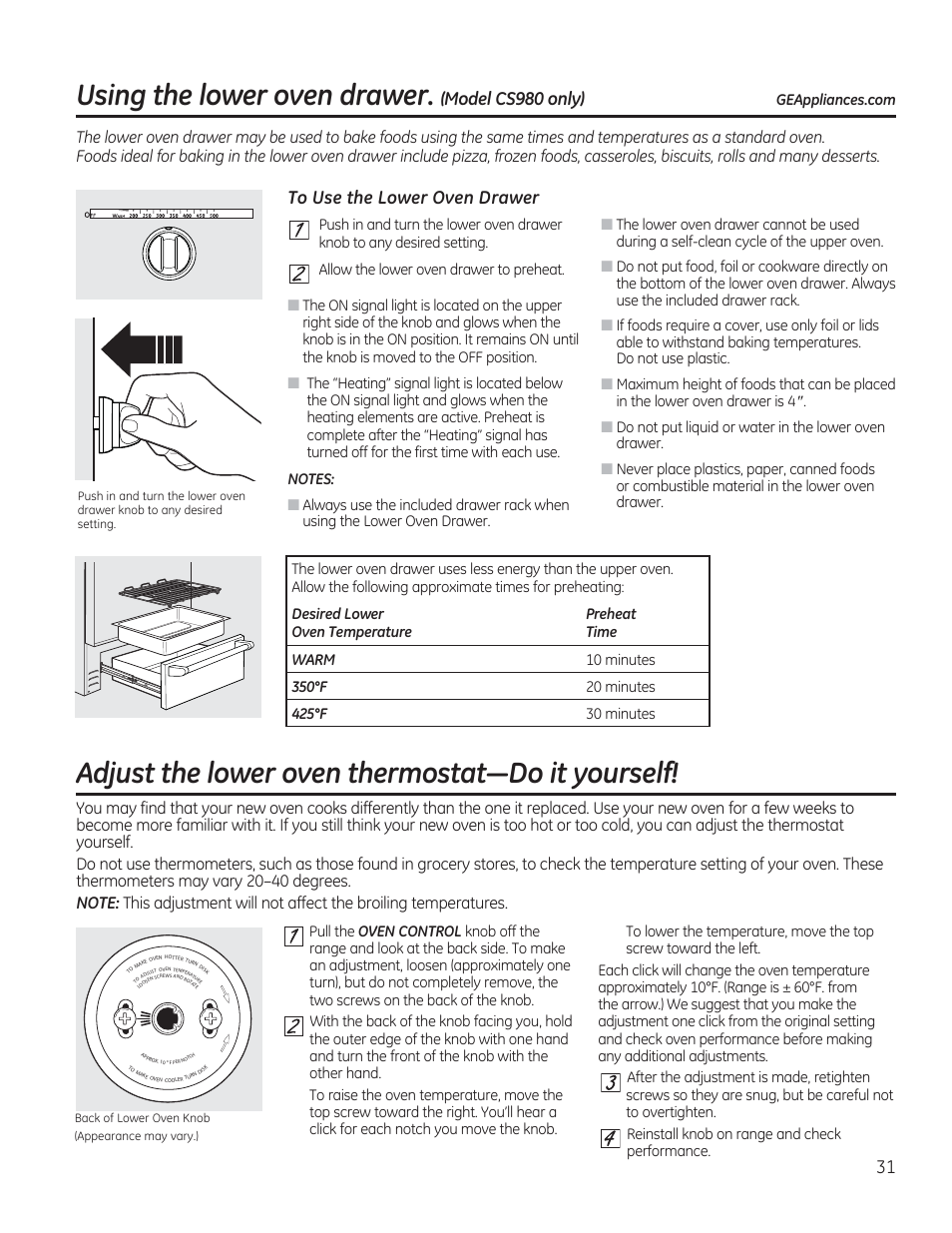 To use the lower oven drawer, Adjust the lower oven thermostat—do it yourself, Using the lower oven drawer. (model csssooniy) | GE CS975SDSS User Manual | Page 31 / 112