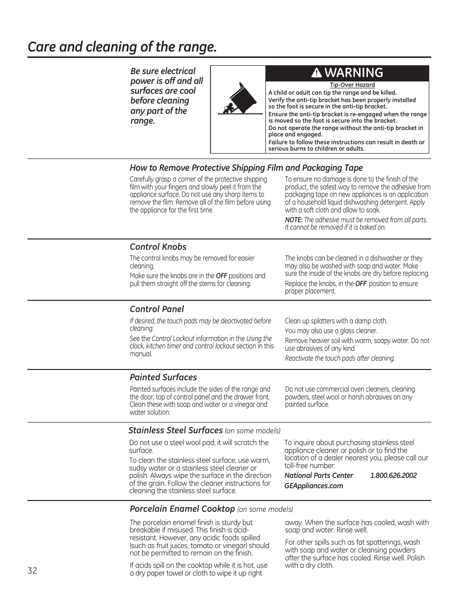 Care and cleaning of the range, Warning | GE CS975SDSS User Manual | Page 32 / 112