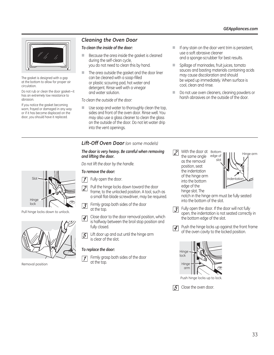 Cleaning the oven door, Lift-off oven door ion some models) | GE CS975SDSS User Manual | Page 33 / 112