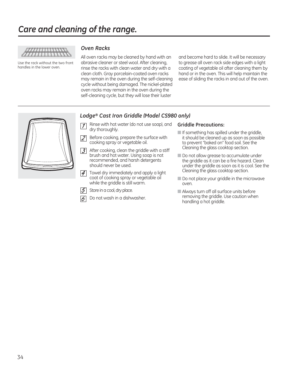 Oven racks, Care and cleaning of the range | GE CS975SDSS User Manual | Page 34 / 112