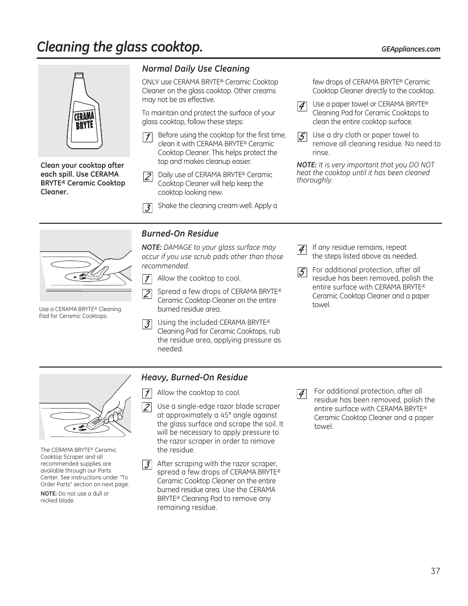 Cleaning the glass cooktop, Normal daily use cleaning, Burned-on residue | GE CS975SDSS User Manual | Page 37 / 112