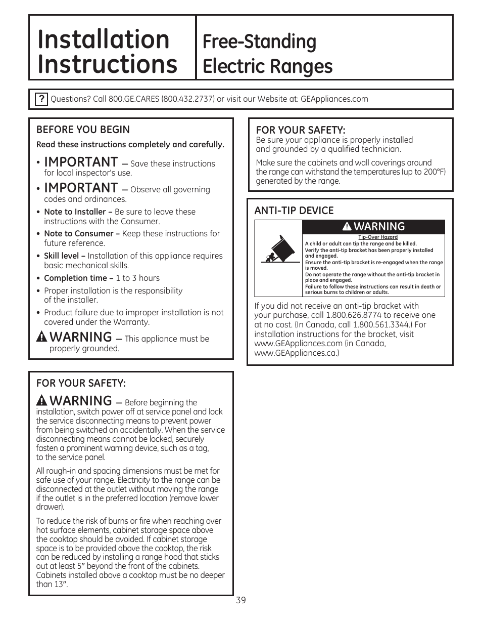 Before you begin, For your safety, Anti-tip device | Installation instructions, Free-standing electric ranges, Important, A warning, Awarning | GE CS975SDSS User Manual | Page 39 / 112