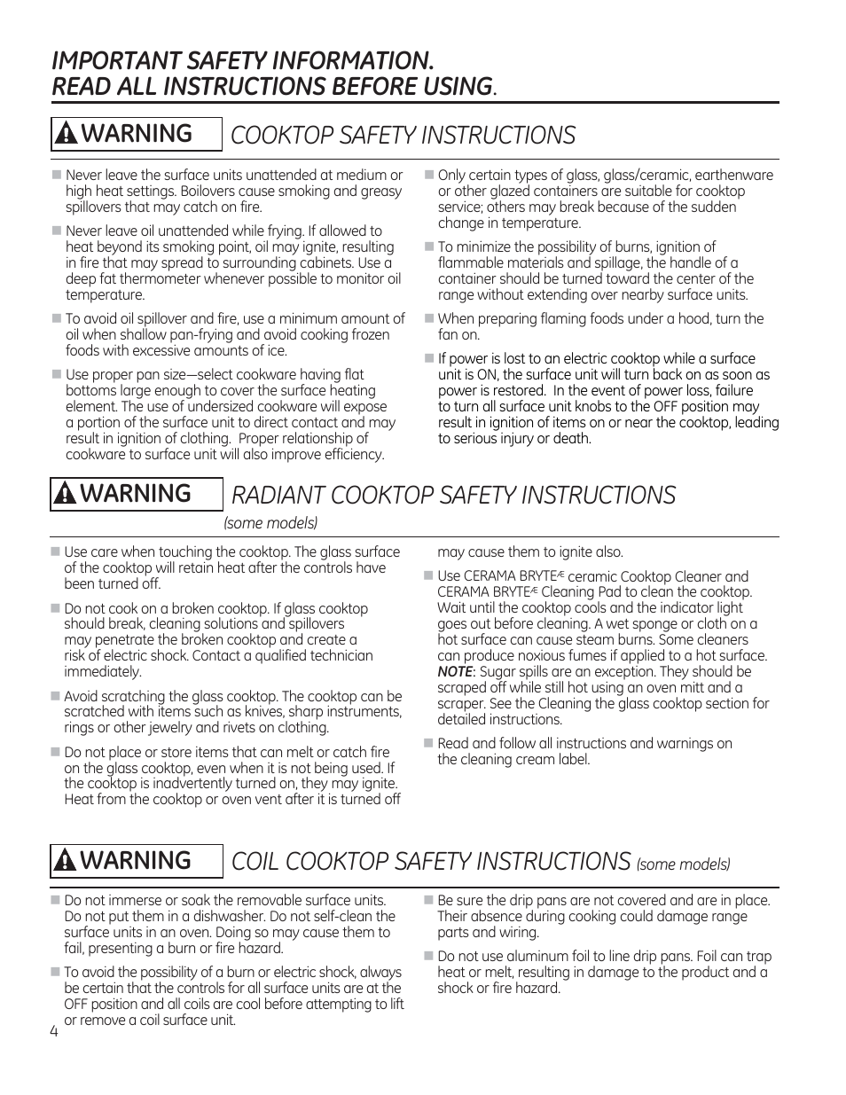 Important safety information, Read all instructions before using, Awarning i radiant cooktop safety instructions | Awarning coil cooktop safety instructions, A warning cooktop safety instructions | GE CS975SDSS User Manual | Page 4 / 112