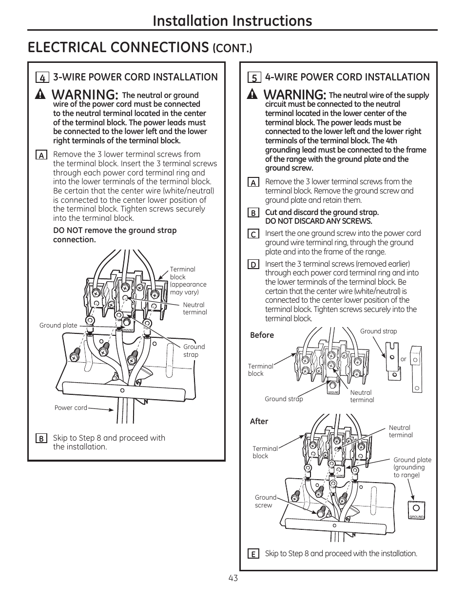 Electrical connections (cont.), H 3-wire power cord installation, H 4-wire power cord installation | Installation instructions, Electrical connections, A warning, Cont.) h 3-wire power cord installation | GE CS975SDSS User Manual | Page 43 / 112
