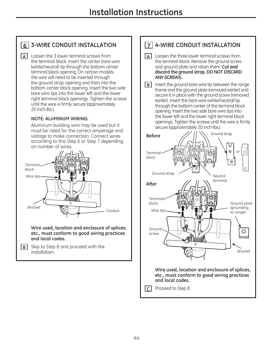 H 3-wire conduit installation, H 4-wire conduit installation, Installation instructions | GE CS975SDSS User Manual | Page 44 / 112