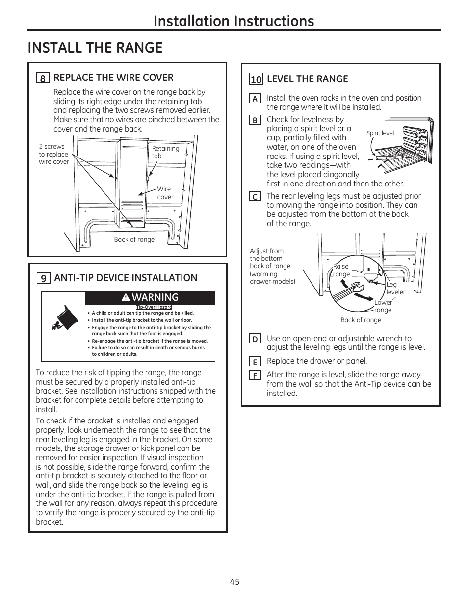 Install the range, Replace the wire cover, H anti-tip device installation | 10 level the range, Installation instructions | GE CS975SDSS User Manual | Page 45 / 112