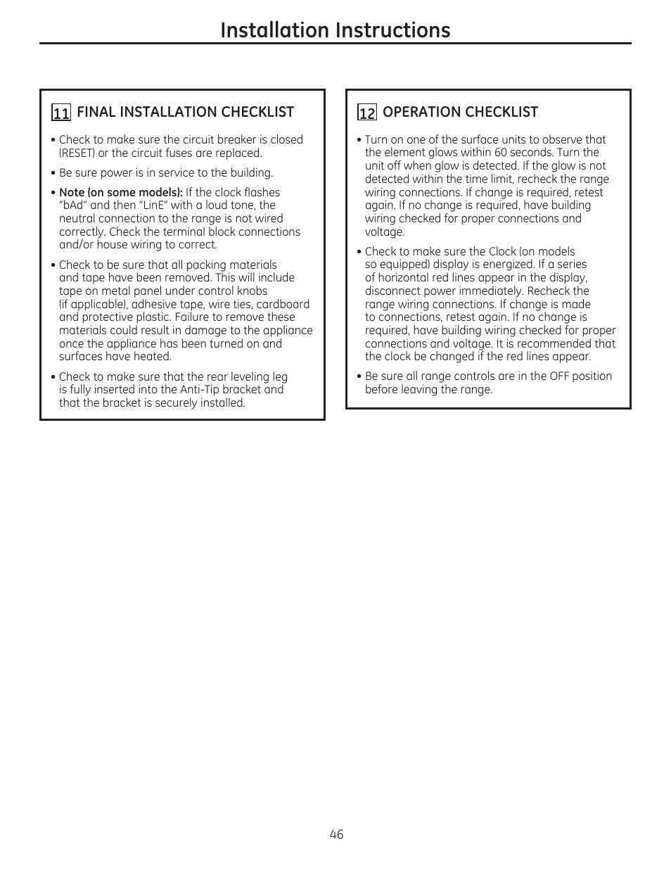 11 final installation checklist, 12 operation checklist, Installation instructions | GE CS975SDSS User Manual | Page 46 / 112