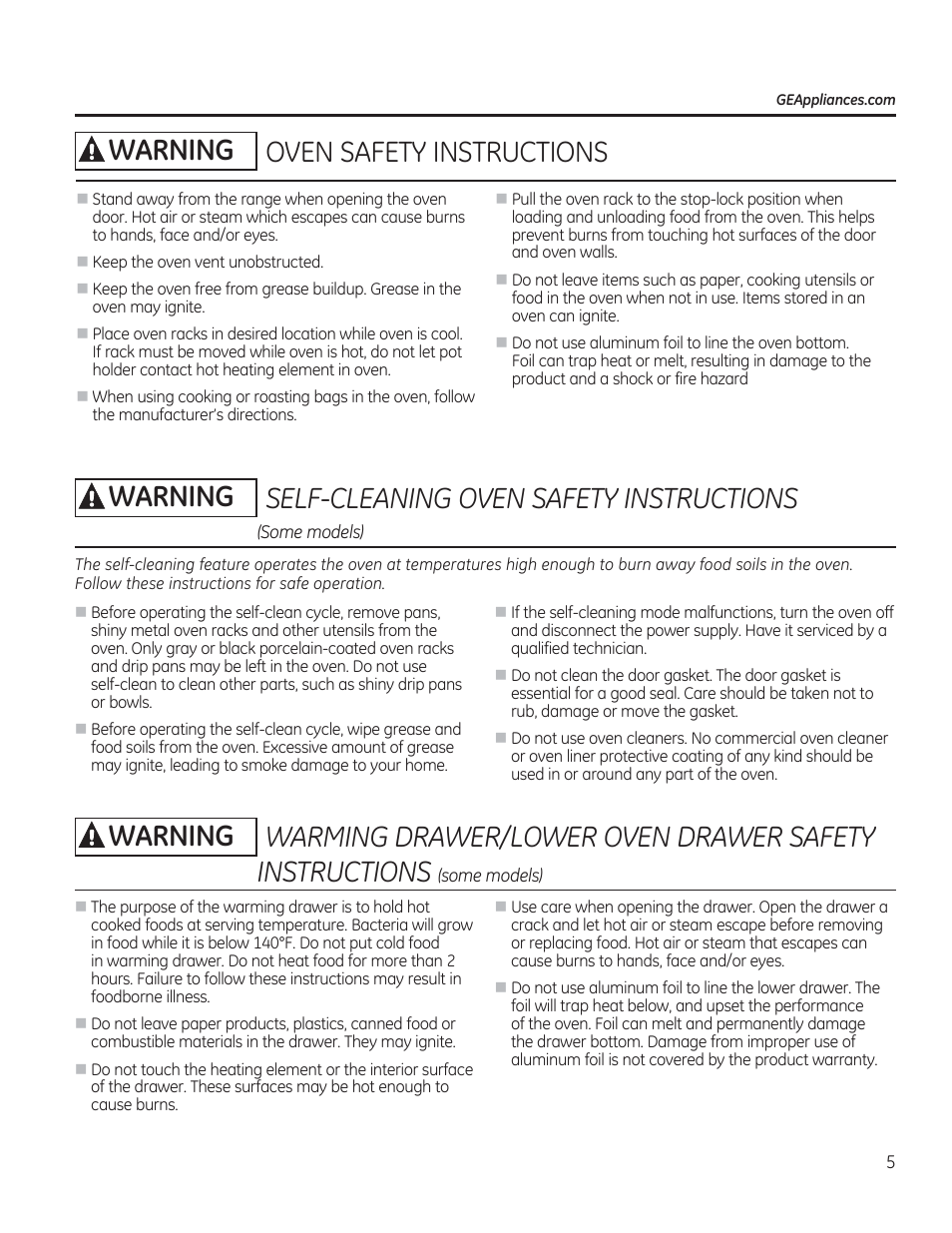 Awarning i self-cleaning oven safety instructions, A warning oven safety instructions | GE CS975SDSS User Manual | Page 5 / 112