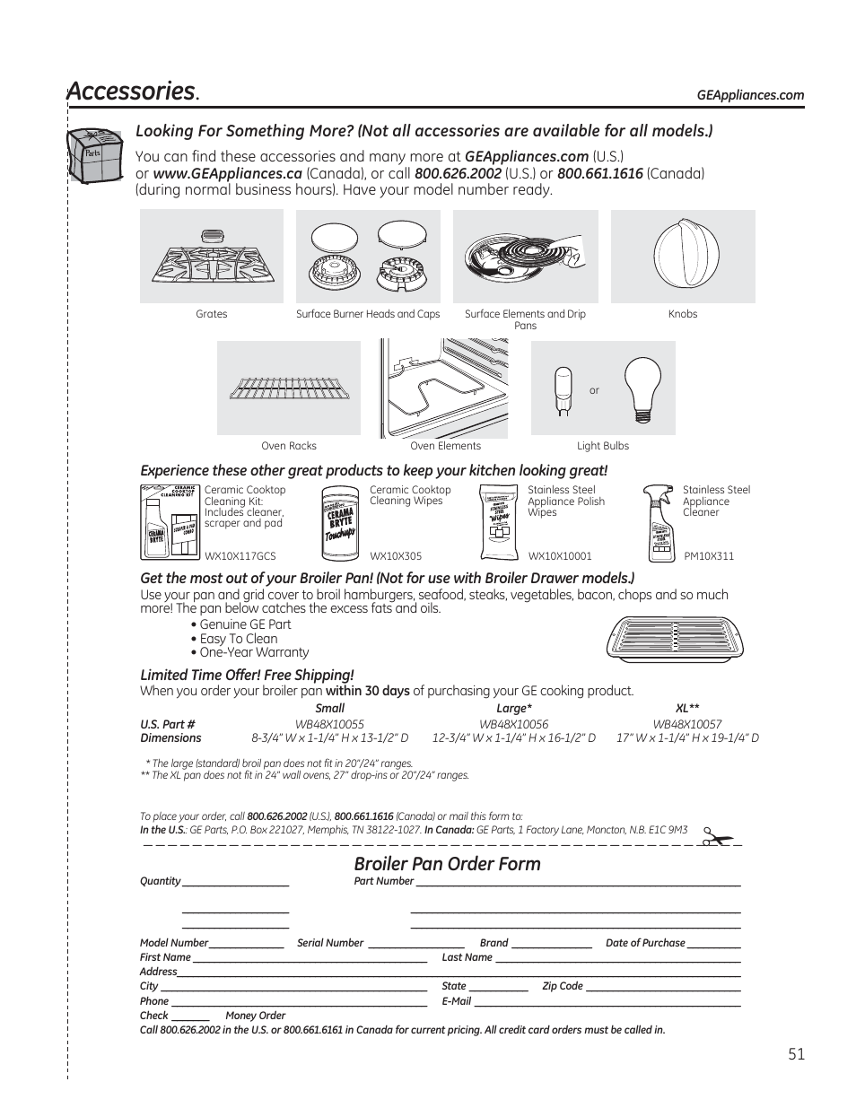 Accessories, Broiler pan order form | GE CS975SDSS User Manual | Page 51 / 112