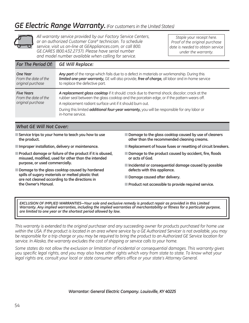 What ge will not cover, Ge electric range warranty | GE CS975SDSS User Manual | Page 54 / 112
