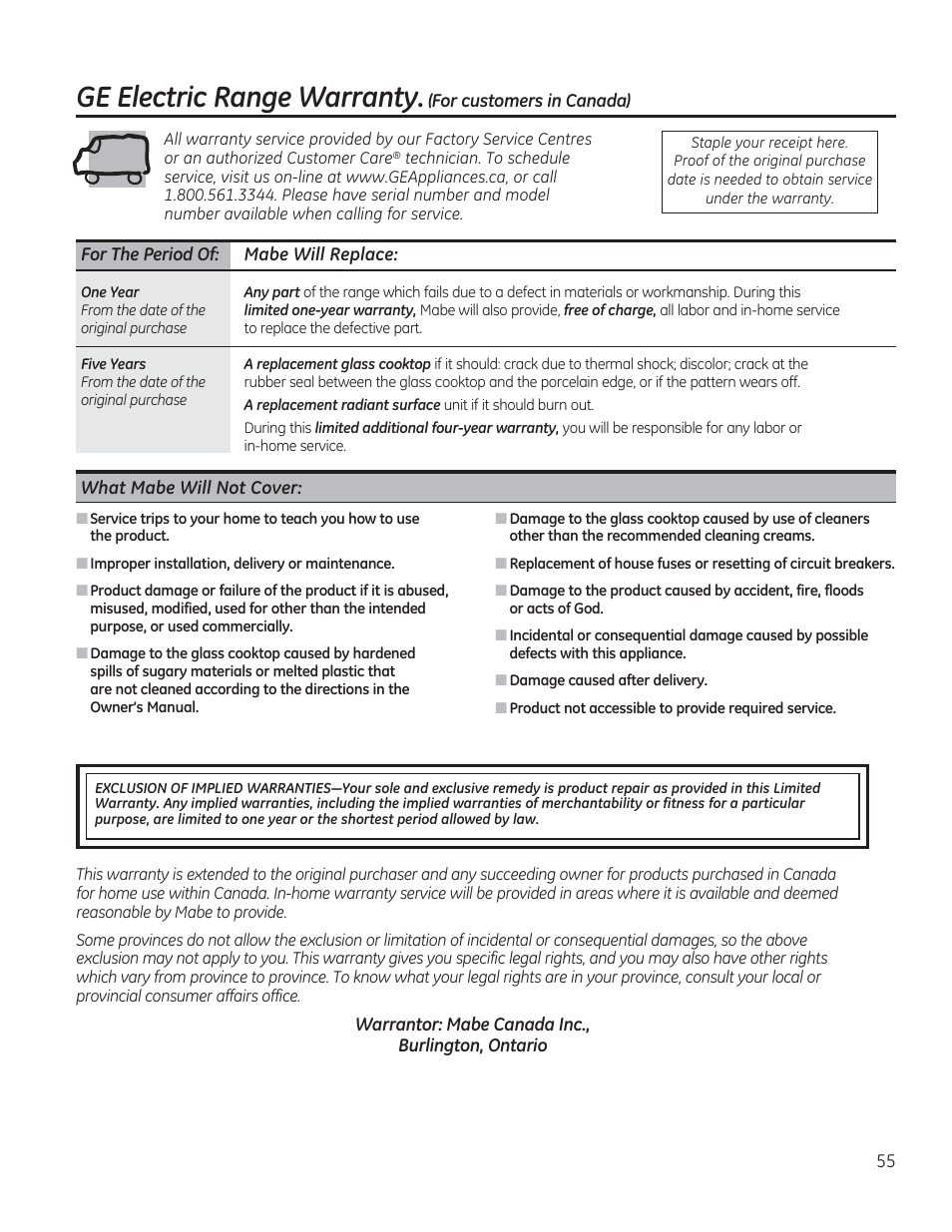 What mabe will not cover, Warrantor: mabe canada inc, Burlington, ontario | GE CS975SDSS User Manual | Page 55 / 112