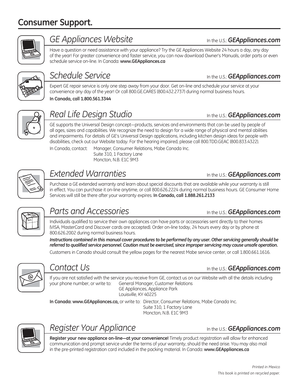 Consumer support, Real life design studio, Extended warranties | Parts and accessories, Register your appliance, Ge appliances website, Schedule service, Contact us | GE CS975SDSS User Manual | Page 56 / 112