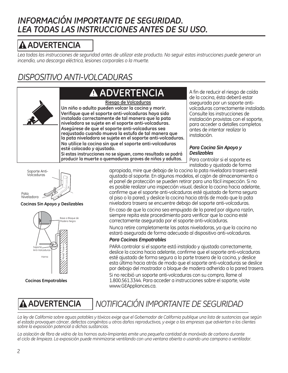 Informacion importante de seguridad, Lea todas las instrucciones antes de su uso, A advertencia | Dispositivo anti-volcaduras, A advertencia notificacion importante de seguridad, Advertencia | GE CS975SDSS User Manual | Page 58 / 112
