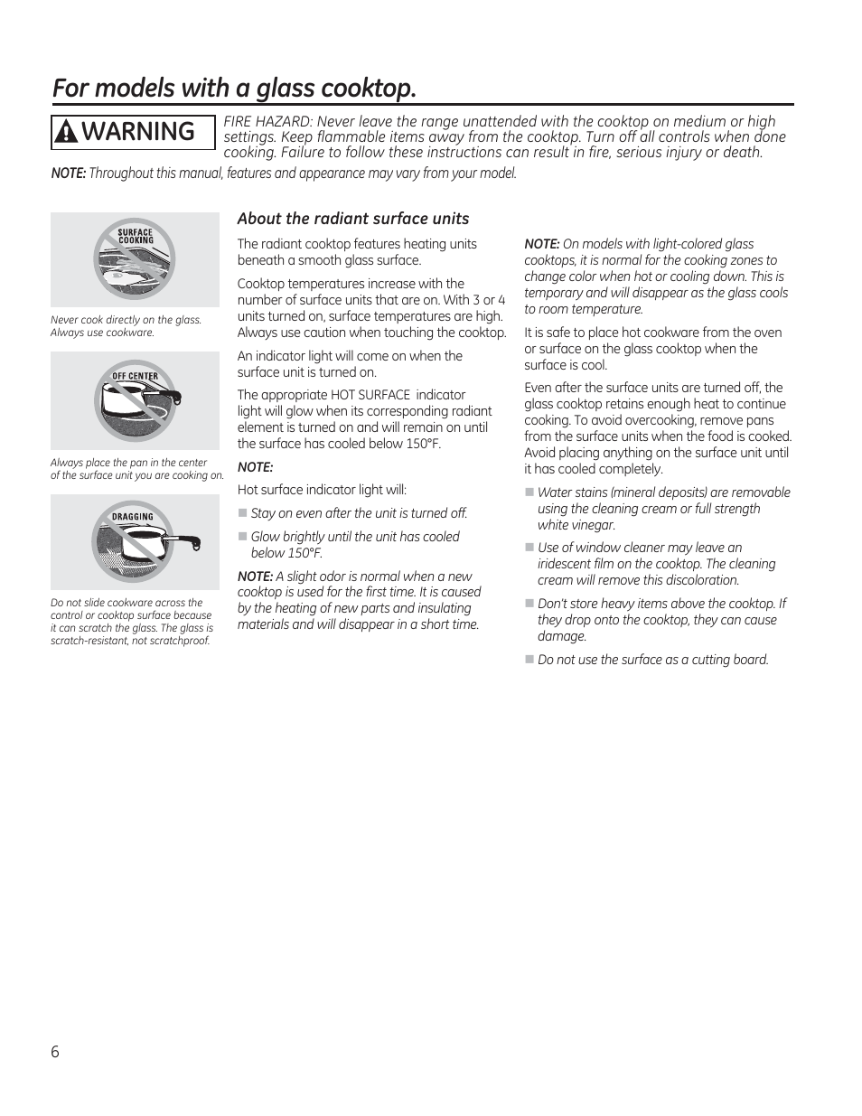 For models with a glass cooktop, About the radiant surface units, A warning | GE CS975SDSS User Manual | Page 6 / 112