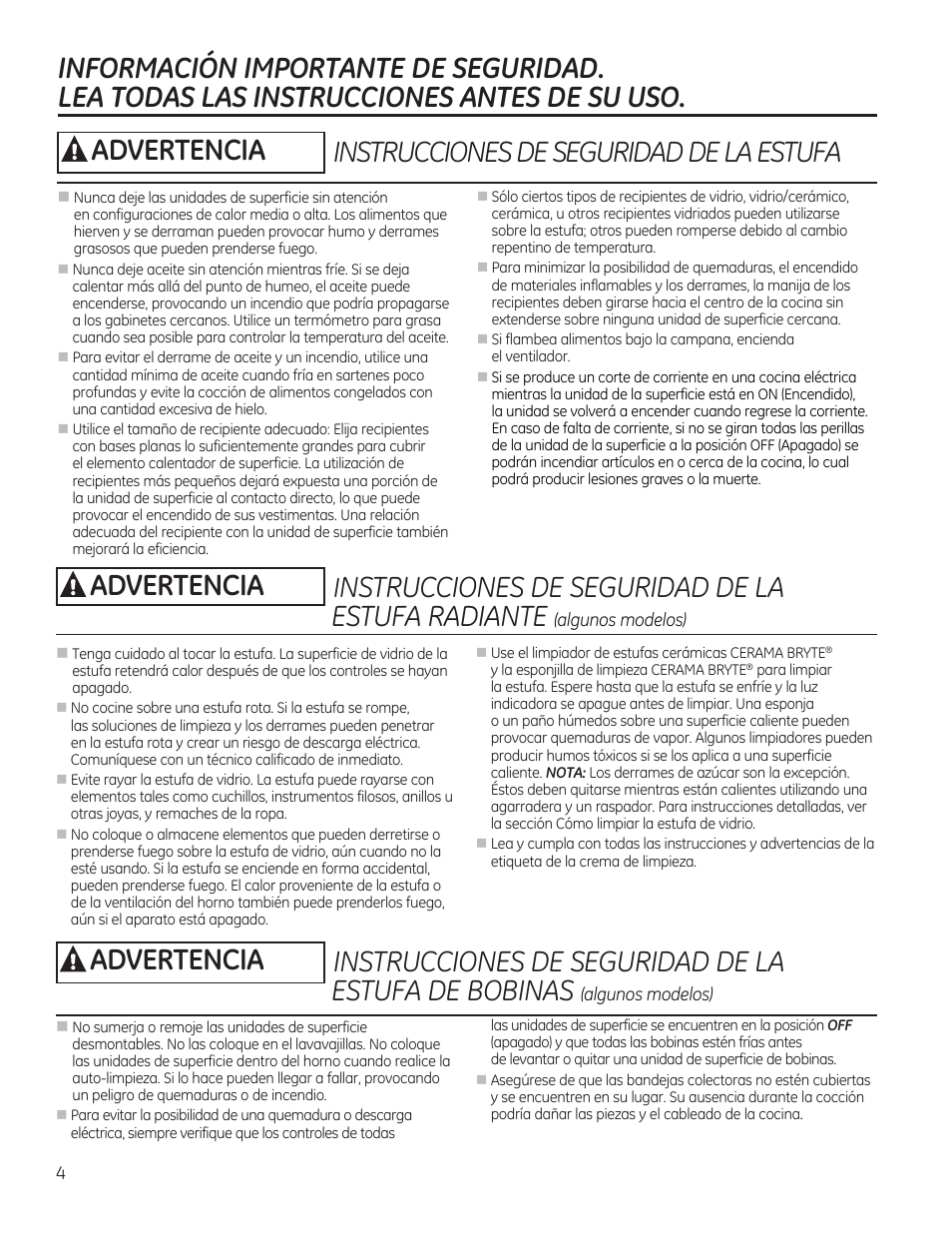 Informacion importante de seguridad, Lea todas las instrucciones antes de su uso, A advertencia | GE CS975SDSS User Manual | Page 60 / 112