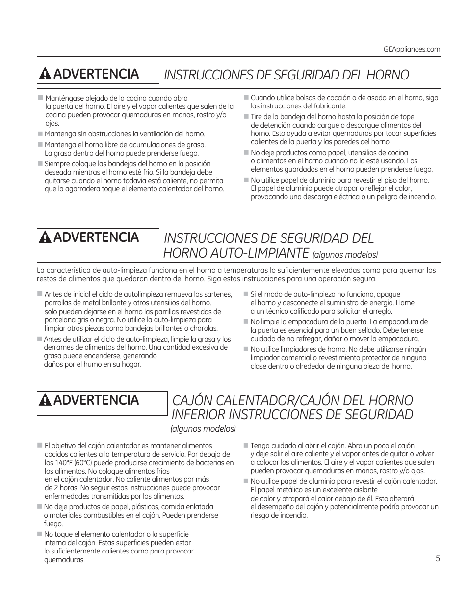 A advertencia instrucciones de seguridad del horno | GE CS975SDSS User Manual | Page 61 / 112