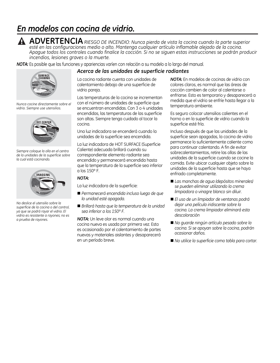 En modelos con cocina de vidrio, Acerca de las unidades de superficie radiantes, A advertencia | GE CS975SDSS User Manual | Page 62 / 112