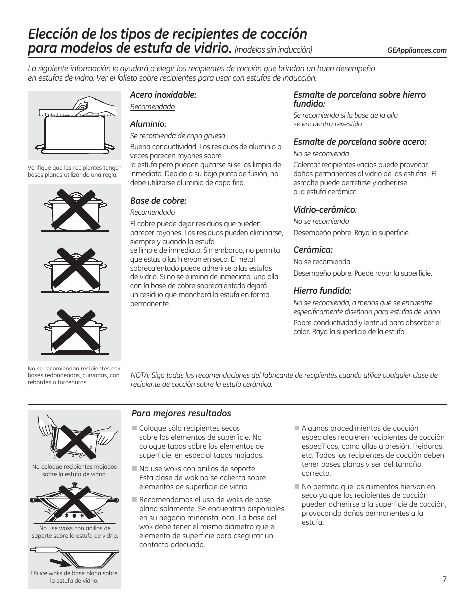 Acero inoxidable, Aluminio, Base de cobre | Esmalte de porcelana sobre hierro fundido, Esmalte de porcelana sobre acero, Vidrio-cerámico, Cerámica, Hierro fundido, Para mejores resultados | GE CS975SDSS User Manual | Page 63 / 112