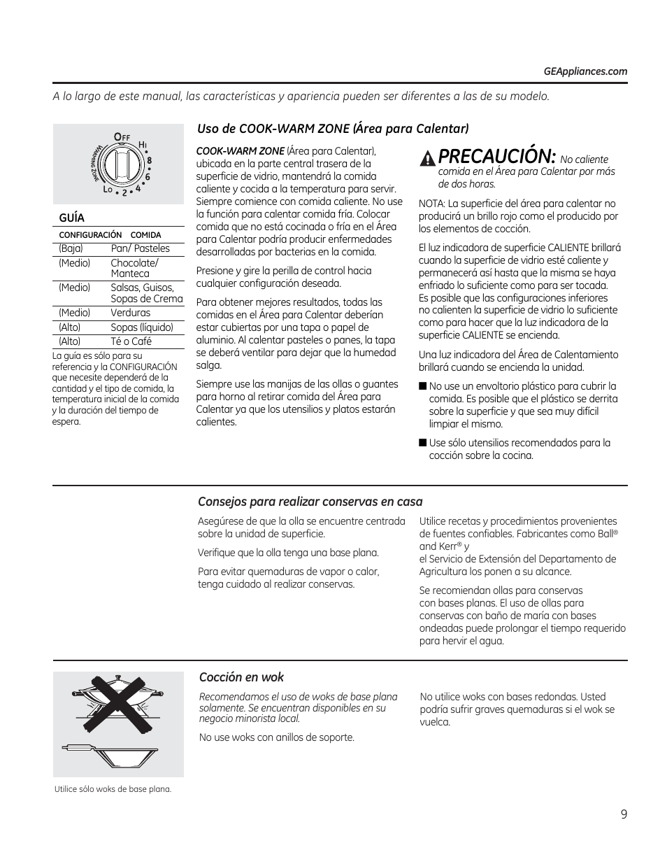 Uso de cook-warm zone (área para calentar), Aprecaucion: no caliente, Consejos para realizar conservas en casa | Cocción en wok, Aprecaucion | GE CS975SDSS User Manual | Page 65 / 112
