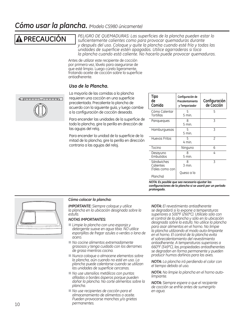 Uso de la plancha, A precaucion, Usor lo ploncho, (modelo cs980 únicamente) | Со ш о | GE CS975SDSS User Manual | Page 66 / 112